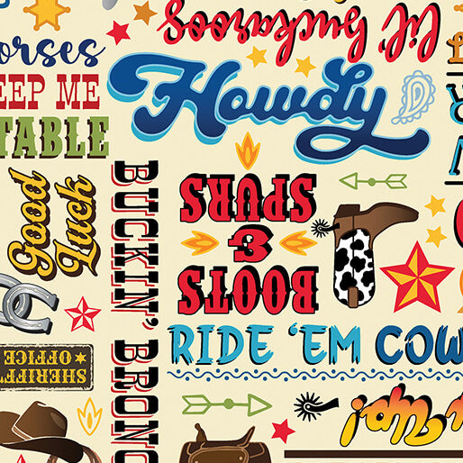 Benartex Fabrics, Lil' Buckaroo Wild West Words Cream Multi by the yard