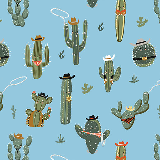 Benartex Fabrics - Lil' Buckaroos - Wild West Cactus Blue by the yard 2397