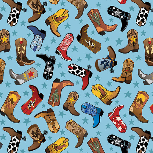 Benartex Fabrics, Lil' Buckaroo Lil' Western Boots Blue by the yard