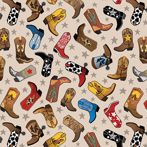 Benartex Fabrics, Lil' Buckaroo Lil' Western Boots Tan by the yard