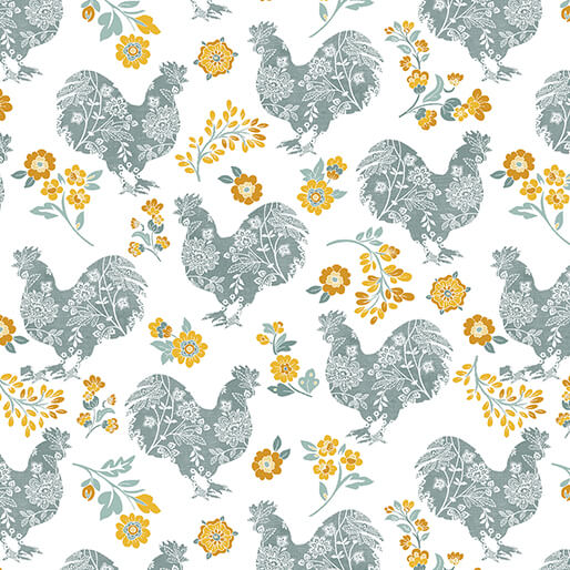 Chalk Barn Roosters Teal/Yellow by Shannon Roberts for Benartex Designer Fabrics by the YARD 2664