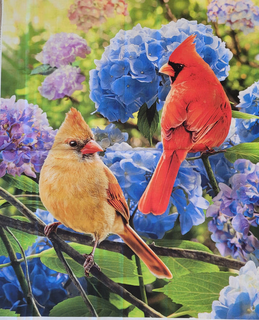 Pair of Cardinals and Hydrangeas Quilt Panel - David Textiles