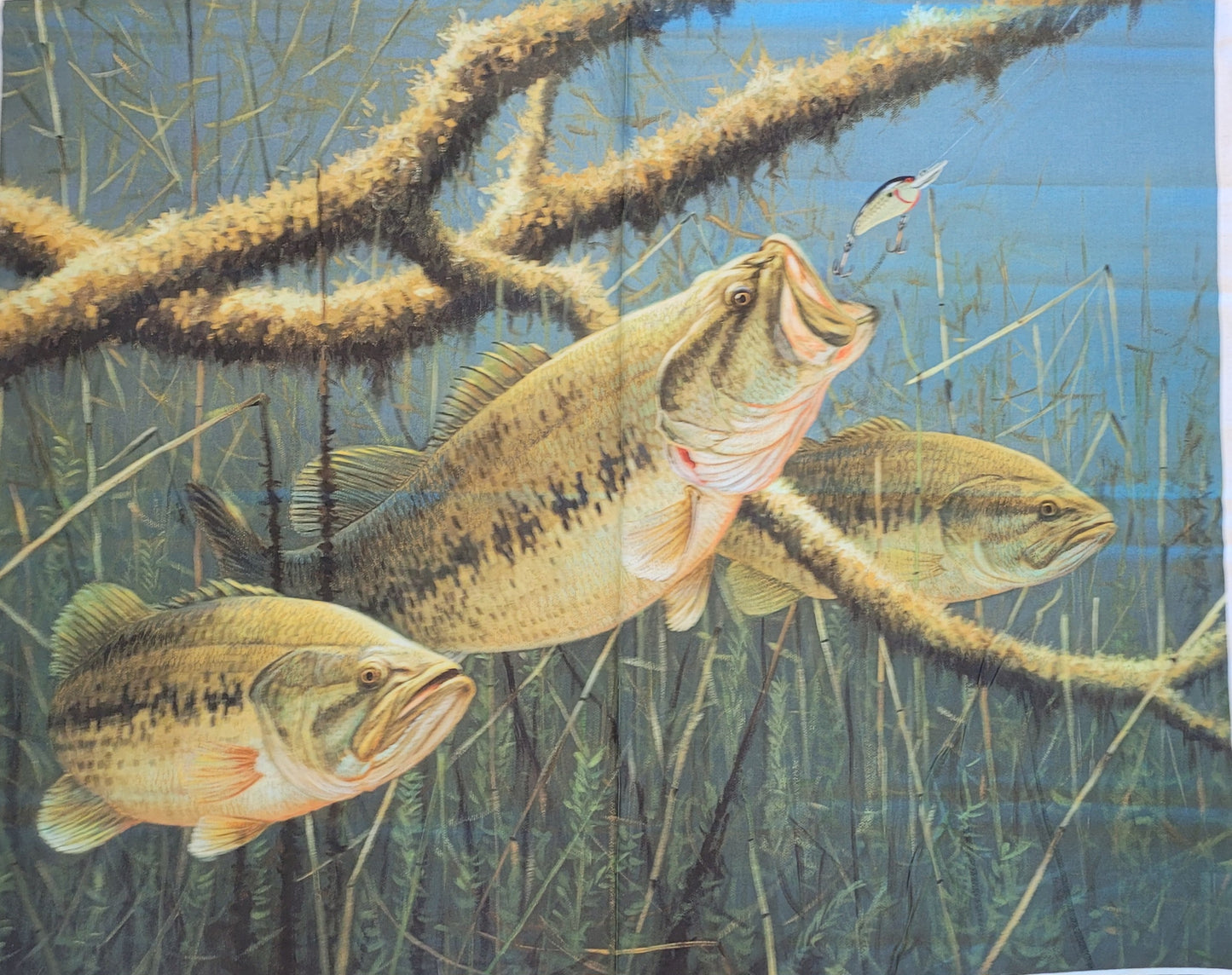 Hittin it Hard Largemouth Bass Quilt Panel - David Textiles