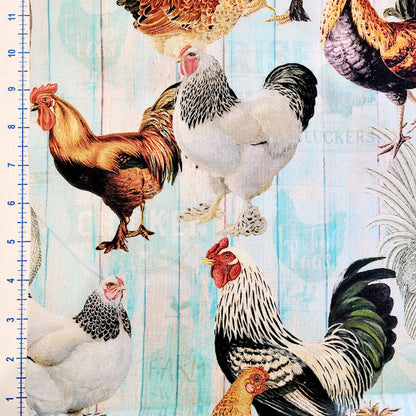 Multi Chickens On Faded Fence # CD1532-MULTI Fabric by the Yard