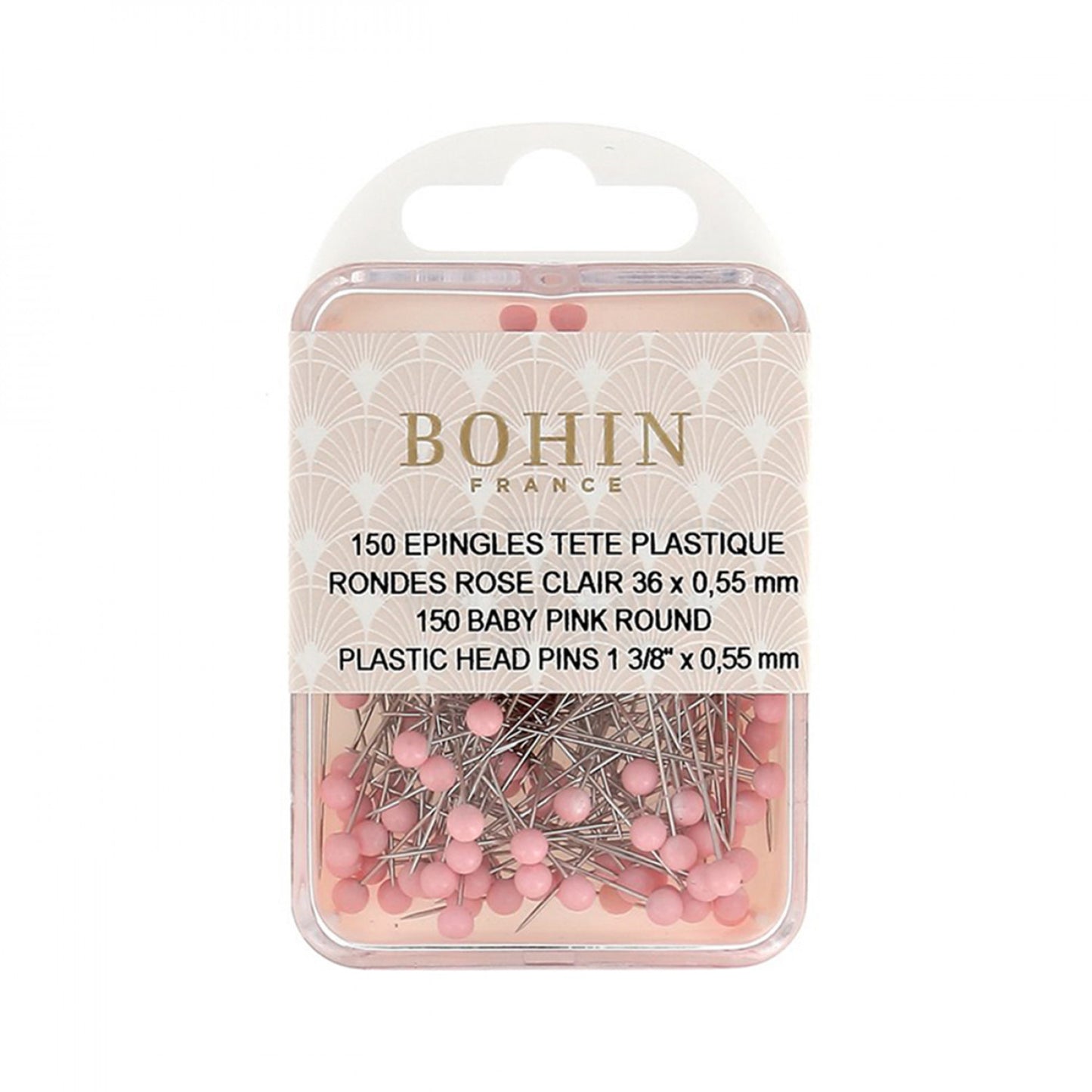 Bohin - 150 Plastic Head Pins - 1-3/8" x 0.55mm - Baby Pink Round