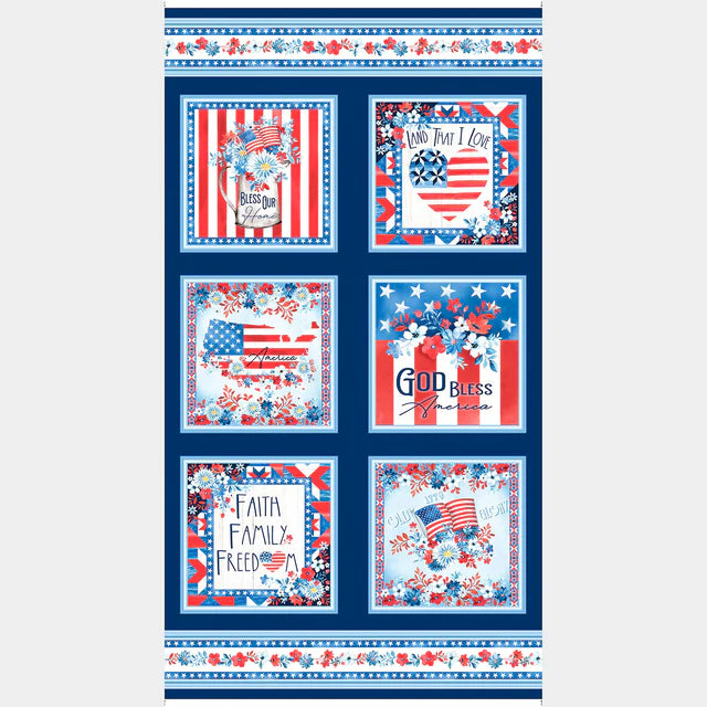 Faith, Family, Freedom by Benartex - Patriotic Boxes Navy Panel - 24" x 44"