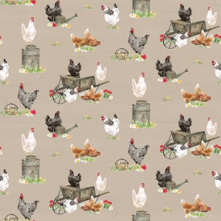 Spring Barn Quilts Chickens Tan by the Yard