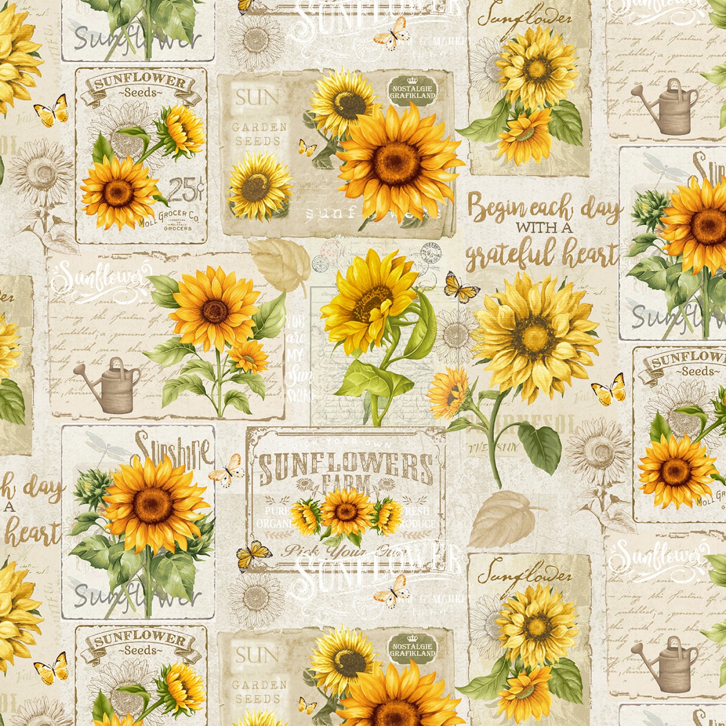 Sunflower Farm from Timeless Treasures - Beige Sunflower Collage by the yard 3063