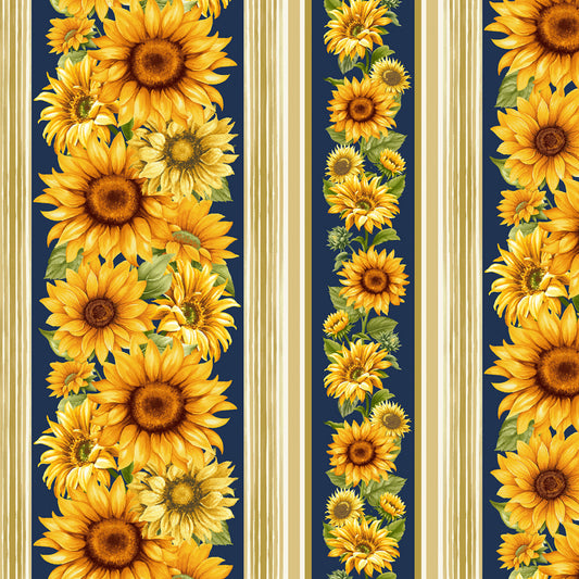 Sunflower Farm from Timeless Treasures - Sapphire Sunflower 11" Stripes by the yard 3065