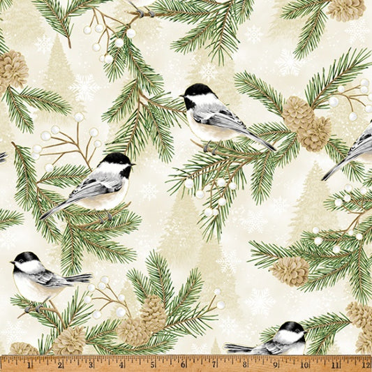 Winter's Eve Papyrus/Gold Chickadees Hoffman by the yard