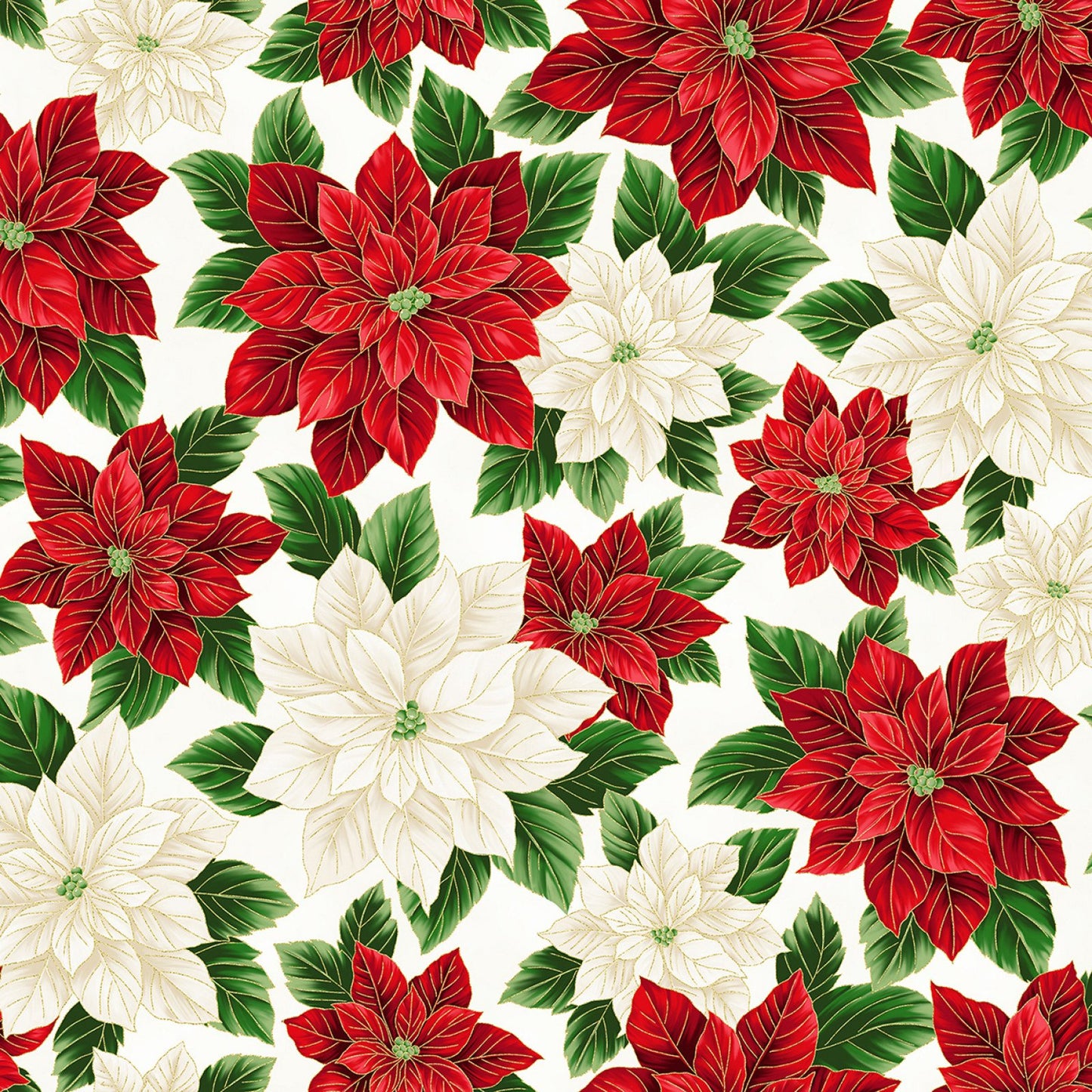 Natural/Gold Packed Poinsettia Christmas Splendor by Hoffman Fabrics by the Yard