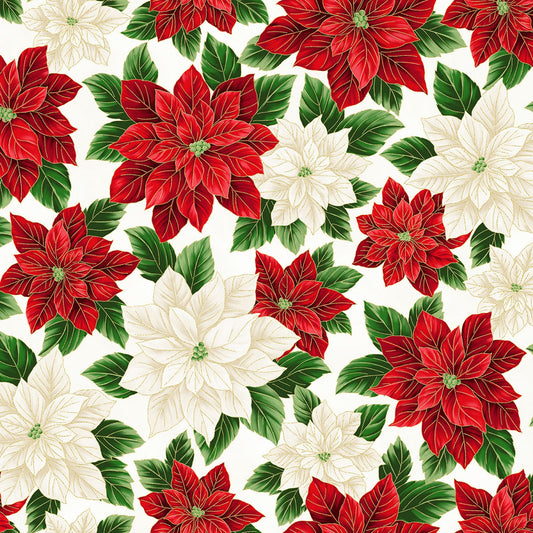 Natural/Gold Packed Poinsettia Christmas Splendor by Hoffman Fabrics by the Yard