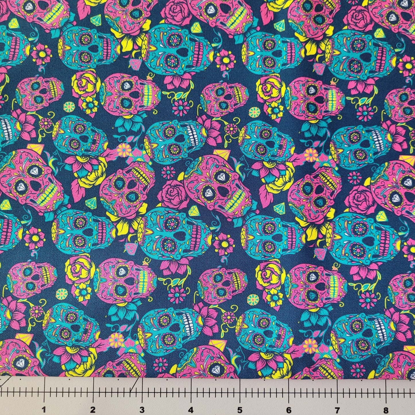 Blue Fabric Sugar Skulls Quilters Cotton by THE YARD