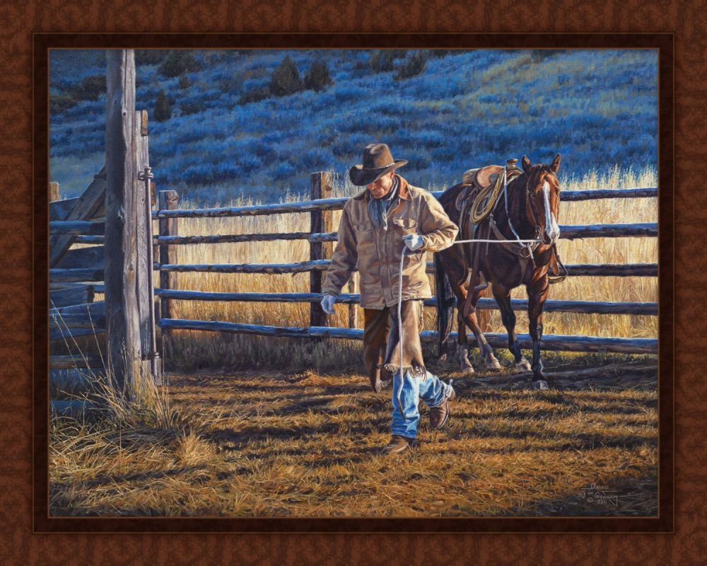 Daybreak cowboy with horse digital printed quilting panel 36" x44"