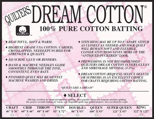 Batting - Quilters Dream Cotton Select - Color: Natural - Throw Size (60" x 60")