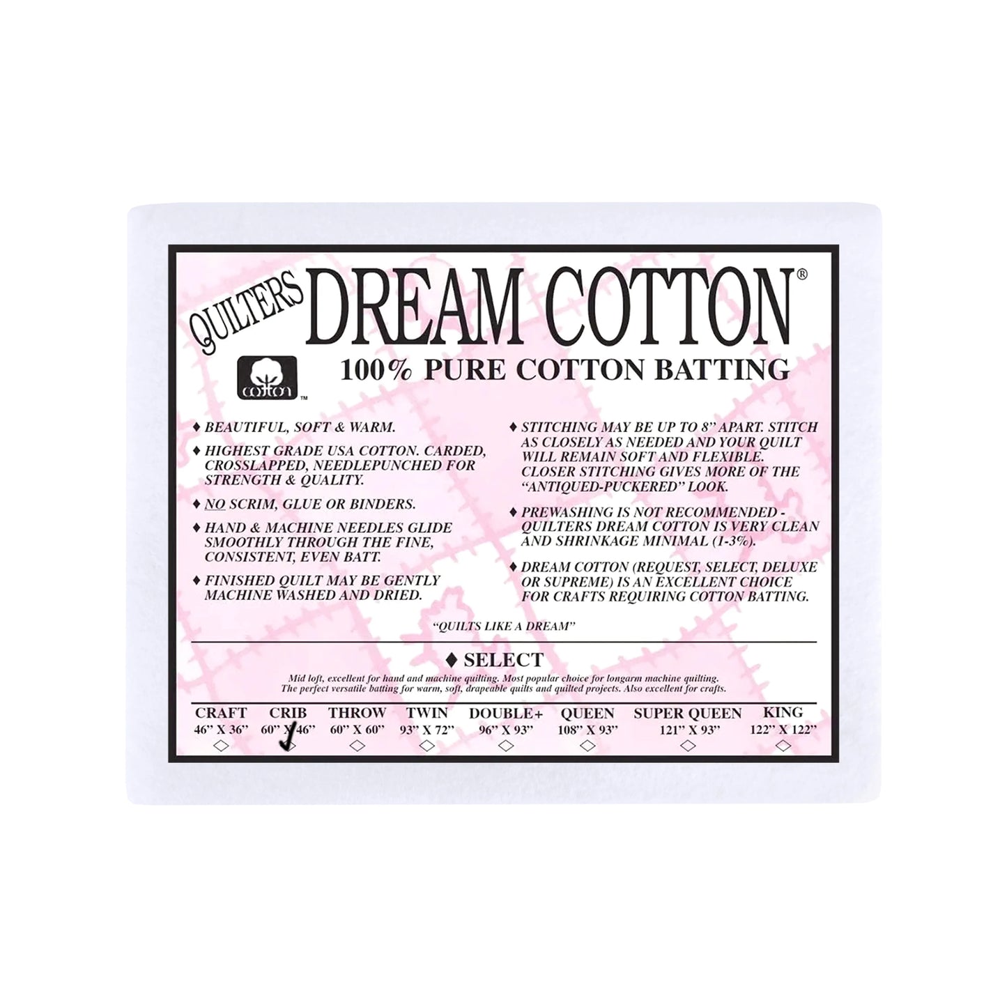 Batting - Quilters Dream Cotton Select - Color: Natural - Crib Size (60" x 46")